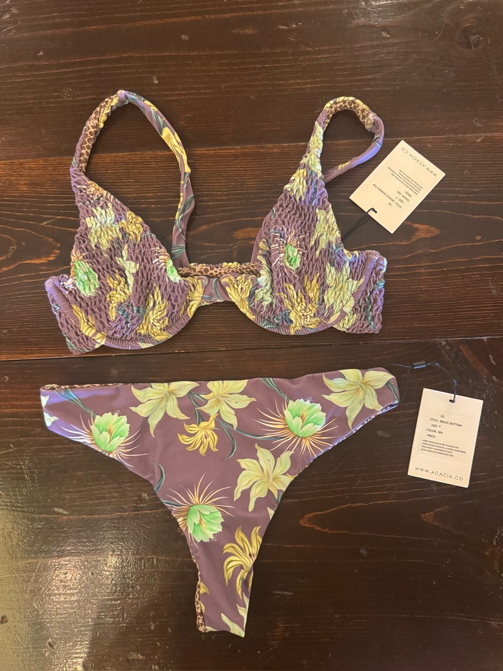 acacia swimwear Purple Floral Two-Piece Bikini Set with tags